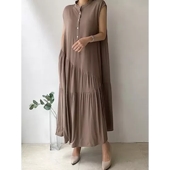 Buttoned Pleated Ruffled Solid Color Split-Joint Tiered A-Line Loose Stand Collar Midi Dresses Buttoned Pleated Ruffled Solid Color Split-Joint Tiered A-Line Loose Stand Collar Midi Dresses