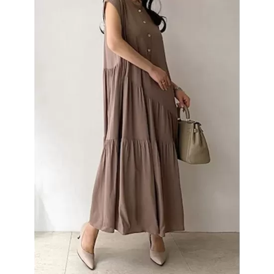 Buttoned Pleated Ruffled Solid Color Split-Joint Tiered A-Line Loose Stand Collar Midi Dresses Buttoned Pleated Ruffled Solid Color Split-Joint Tiered A-Line Loose Stand Collar Midi Dresses