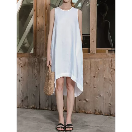Solid Color High-Low Loose Round-Neck Midi Dresses Solid Color High-Low Loose Round-Neck Midi Dresses