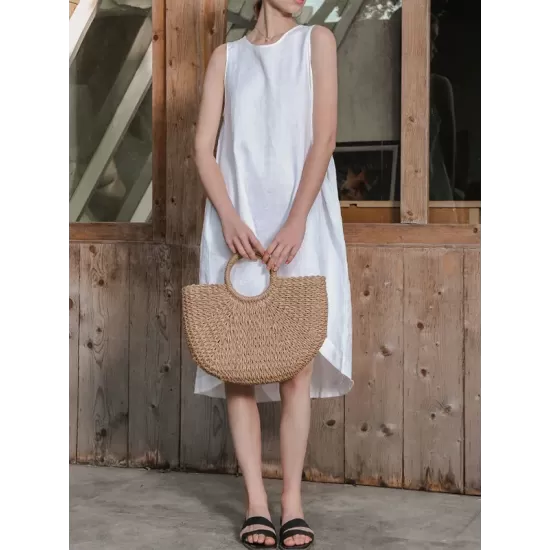 Solid Color High-Low Loose Round-Neck Midi Dresses Solid Color High-Low Loose Round-Neck Midi Dresses