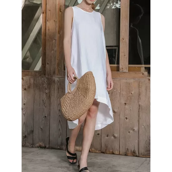 Solid Color High-Low Loose Round-Neck Midi Dresses Solid Color High-Low Loose Round-Neck Midi Dresses