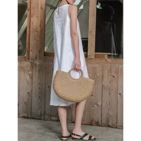 Solid Color High-Low Loose Round-Neck Midi Dresses Solid Color High-Low Loose Round-Neck Midi Dresses