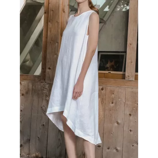 Solid Color High-Low Loose Round-Neck Midi Dresses Solid Color High-Low Loose Round-Neck Midi Dresses