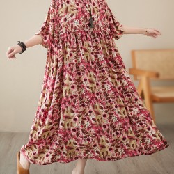 Batwing Sleeves Loose Pleated Split-Joint Round-Neck Midi Dresses