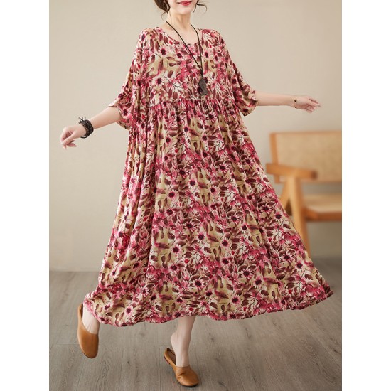 Batwing Sleeves Loose Pleated Split-Joint Round-Neck Midi Dresses Batwing Sleeves Loose Pleated Split-Joint Round-Neck Midi Dresses