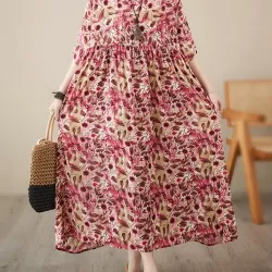 Batwing Sleeves Loose Pleated Split-Joint Round-Neck Midi Dresses