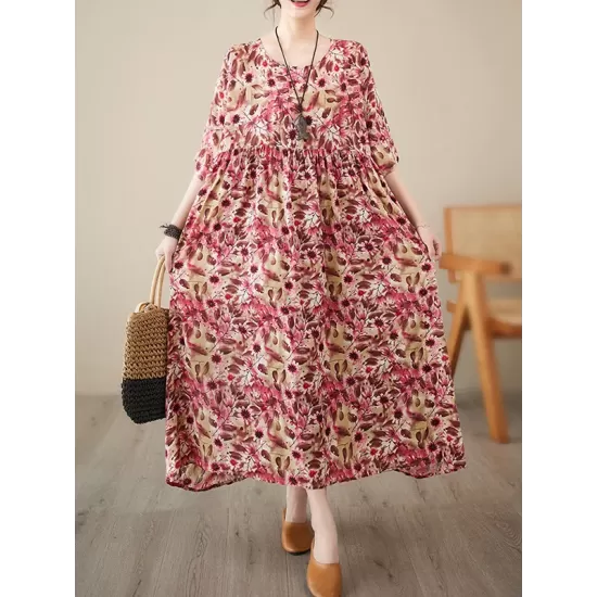 Batwing Sleeves Loose Pleated Split-Joint Round-Neck Midi Dresses Batwing Sleeves Loose Pleated Split-Joint Round-Neck Midi Dresses