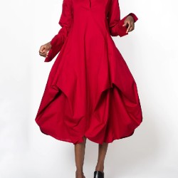 Stylish Loose Stand-Collar Long Sleeves Midi Dress