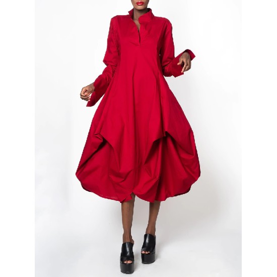 Stylish Loose Stand-Collar Long Sleeves Midi Dress Stylish Loose Stand-Collar Long Sleeves Midi Dress