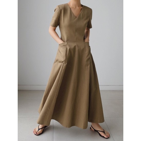 Simple Casual Solid Color Pleated Midi Dress Simple Casual Solid Color Pleated Midi Dress