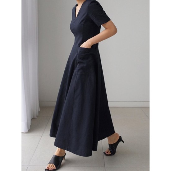 Simple Casual Solid Color Pleated Midi Dress Simple Casual Solid Color Pleated Midi Dress
