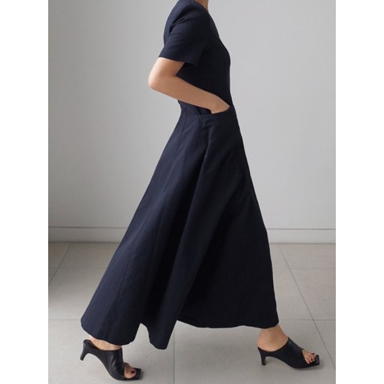 Simple Casual Solid Color Pleated Midi Dress Simple Casual Solid Color Pleated Midi Dress