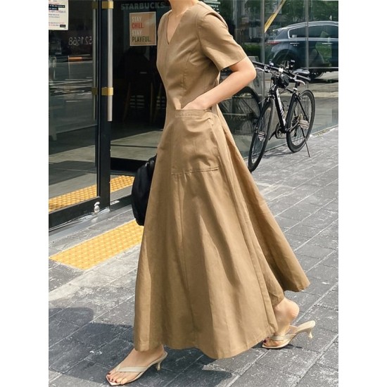 Simple Casual Solid Color Pleated Midi Dress Simple Casual Solid Color Pleated Midi Dress