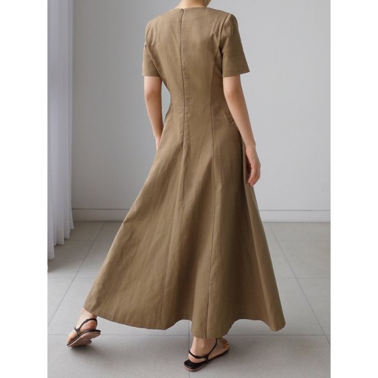 Simple Casual Solid Color Pleated Midi Dress Simple Casual Solid Color Pleated Midi Dress