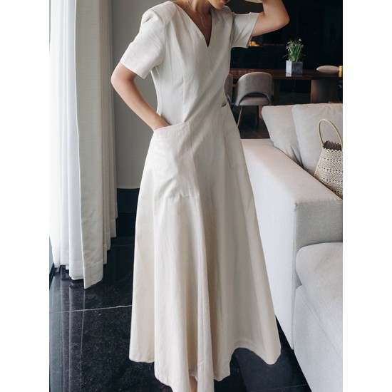 Simple Casual Solid Color Pleated Midi Dress Simple Casual Solid Color Pleated Midi Dress