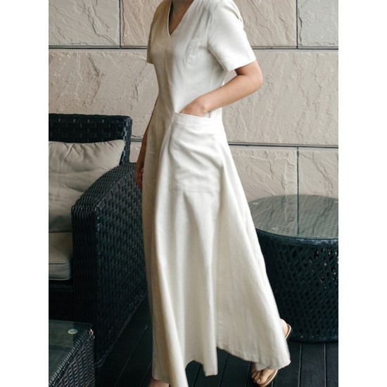 Simple Casual Solid Color Pleated Midi Dress Simple Casual Solid Color Pleated Midi Dress