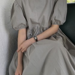 Original Loose Solid Color Pleated Puff Sleeves Midi Dress