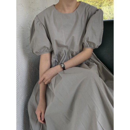 Original Loose Solid Color Pleated Puff Sleeves Midi Dress Original Loose Solid Color Pleated Puff Sleeves Midi Dress