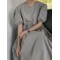 Original Loose Solid Color Pleated Puff Sleeves Midi Dress