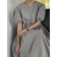 Original Loose Solid Color Pleated Puff Sleeves Midi Dress Original Loose Solid Color Pleated Puff Sleeves Midi Dress