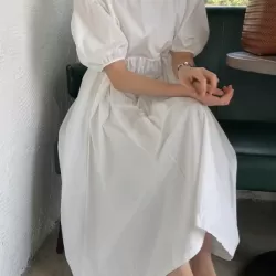 Original Loose Solid Color Pleated Puff Sleeves Midi Dress