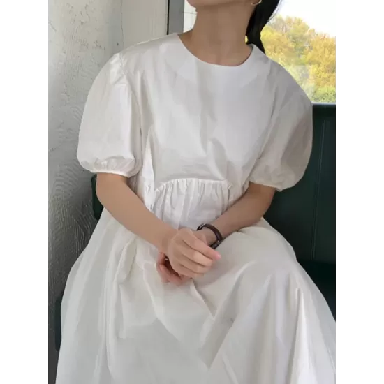 Original Loose Solid Color Pleated Puff Sleeves Midi Dress Original Loose Solid Color Pleated Puff Sleeves Midi Dress