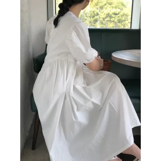 Original Loose Solid Color Pleated Puff Sleeves Midi Dress Original Loose Solid Color Pleated Puff Sleeves Midi Dress