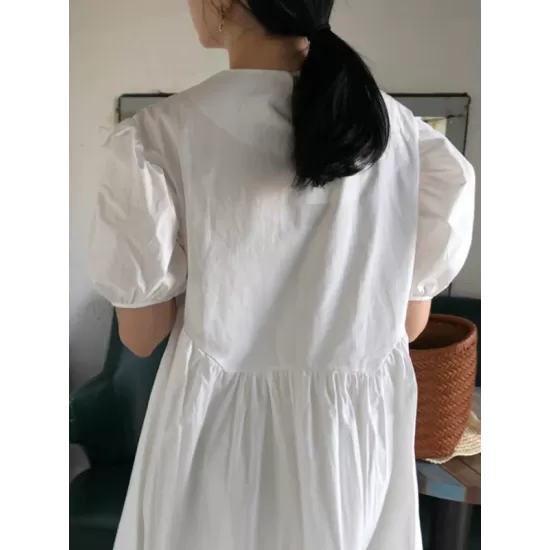 Original Loose Solid Color Pleated Puff Sleeves Midi Dress Original Loose Solid Color Pleated Puff Sleeves Midi Dress