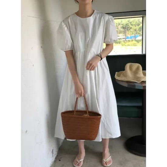 Original Loose Solid Color Pleated Puff Sleeves Midi Dress Original Loose Solid Color Pleated Puff Sleeves Midi Dress