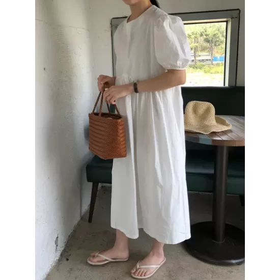 Original Loose Solid Color Pleated Puff Sleeves Midi Dress Original Loose Solid Color Pleated Puff Sleeves Midi Dress