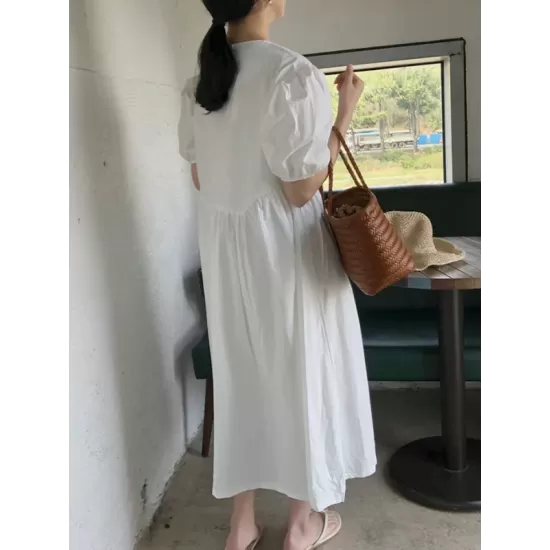 Original Loose Solid Color Pleated Puff Sleeves Midi Dress Original Loose Solid Color Pleated Puff Sleeves Midi Dress