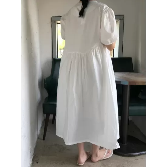 Original Loose Solid Color Pleated Puff Sleeves Midi Dress Original Loose Solid Color Pleated Puff Sleeves Midi Dress