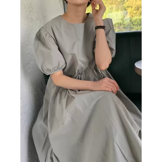 Original Loose Solid Color Pleated Puff Sleeves Midi Dress Original Loose Solid Color Pleated Puff Sleeves Midi Dress