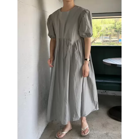 Original Loose Solid Color Pleated Puff Sleeves Midi Dress Original Loose Solid Color Pleated Puff Sleeves Midi Dress