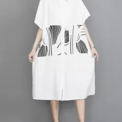 Artistic Retro Loose Printed Buttoned Midi Dress