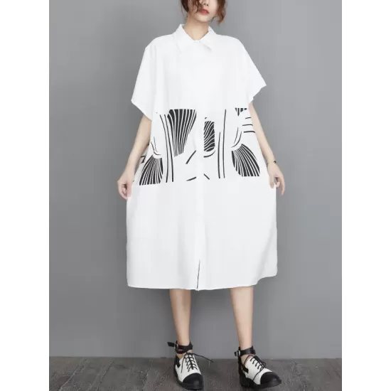 Artistic Retro Loose Printed Buttoned Midi Dress Artistic Retro Loose Printed Buttoned Midi Dress