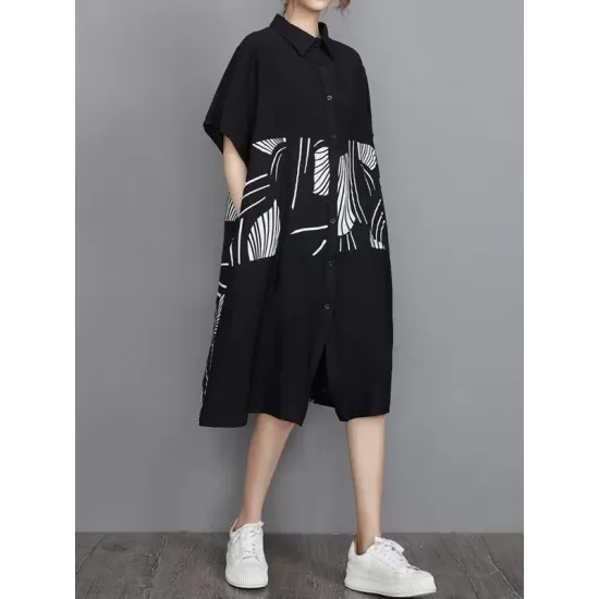 Artistic Retro Loose Printed Buttoned Midi Dress Artistic Retro Loose Printed Buttoned Midi Dress