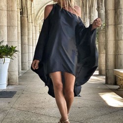 Stylish Loose High-Low Batwing Sleeves Black Midi Dress