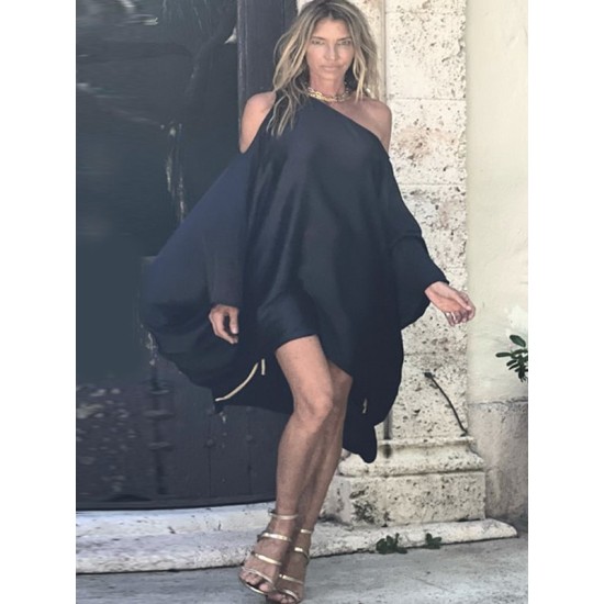 Stylish Loose High-Low Batwing Sleeves Black Midi Dress Stylish Loose High-Low Batwing Sleeves Black Midi Dress