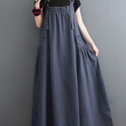 Vintage Loose Artistic Retro Solid Color Strap Denim Midi Dress