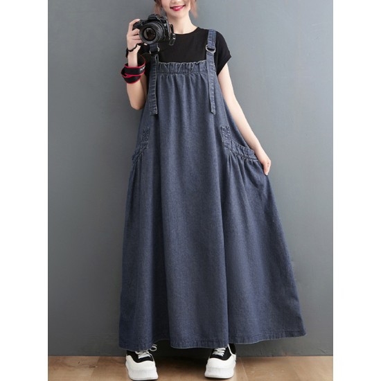 Vintage Loose Artistic Retro Solid Color Strap Denim Midi Dress Vintage Loose Artistic Retro Solid Color Strap Denim Midi Dress