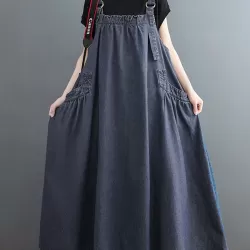 Vintage Loose Artistic Retro Solid Color Strap Denim Midi Dress