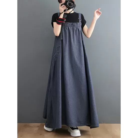 Vintage Loose Artistic Retro Solid Color Strap Denim Midi Dress Vintage Loose Artistic Retro Solid Color Strap Denim Midi Dress