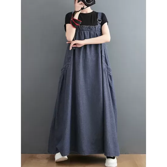 Vintage Loose Artistic Retro Solid Color Strap Denim Midi Dress Vintage Loose Artistic Retro Solid Color Strap Denim Midi Dress