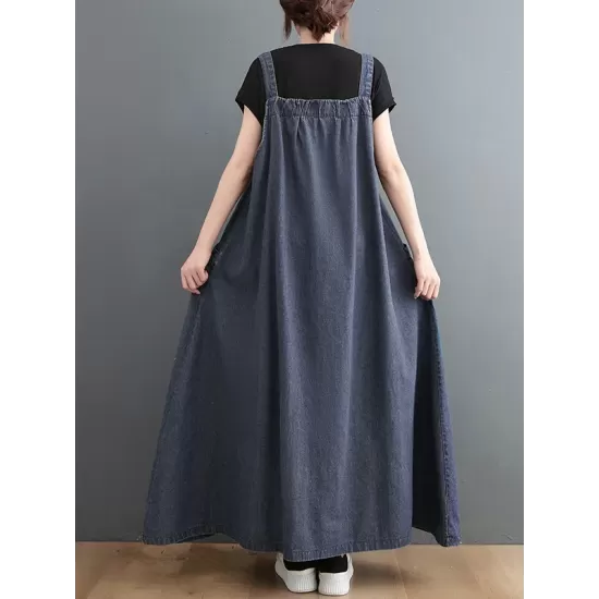 Vintage Loose Artistic Retro Solid Color Strap Denim Midi Dress Vintage Loose Artistic Retro Solid Color Strap Denim Midi Dress