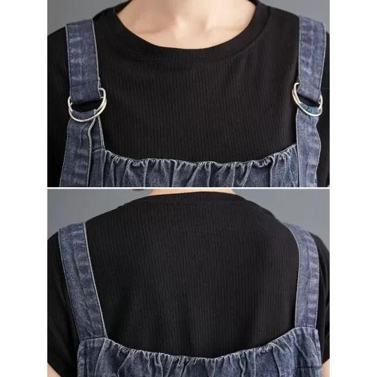Vintage Loose Artistic Retro Solid Color Strap Denim Midi Dress Vintage Loose Artistic Retro Solid Color Strap Denim Midi Dress