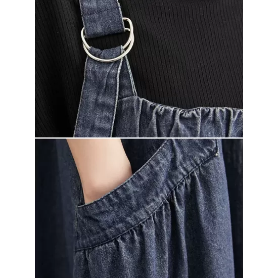Vintage Loose Artistic Retro Solid Color Strap Denim Midi Dress Vintage Loose Artistic Retro Solid Color Strap Denim Midi Dress