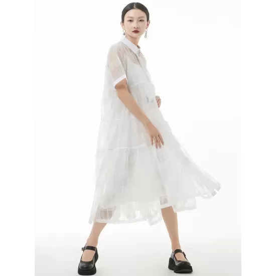 Original Solid Color Hollow See-Through Thin Midi Dress Original Solid Color Hollow See-Through Thin Midi Dress