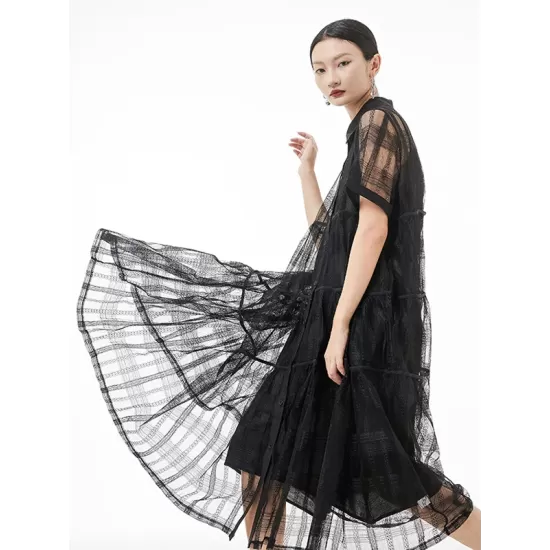 Original Solid Color Hollow See-Through Thin Midi Dress Original Solid Color Hollow See-Through Thin Midi Dress