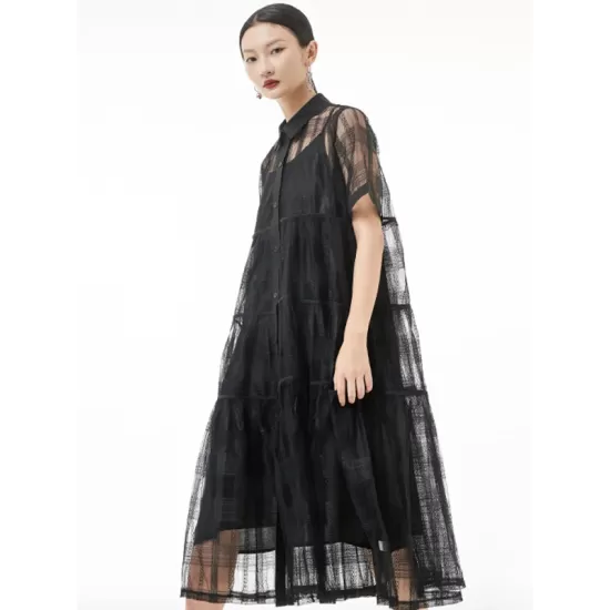 Original Solid Color Hollow See-Through Thin Midi Dress Original Solid Color Hollow See-Through Thin Midi Dress